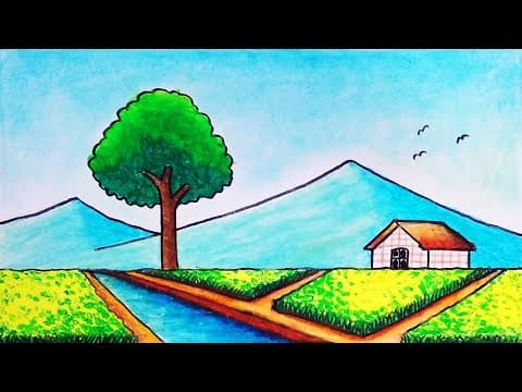 How to Draw Beautiful Rice Field | Easy Scenery Drawing