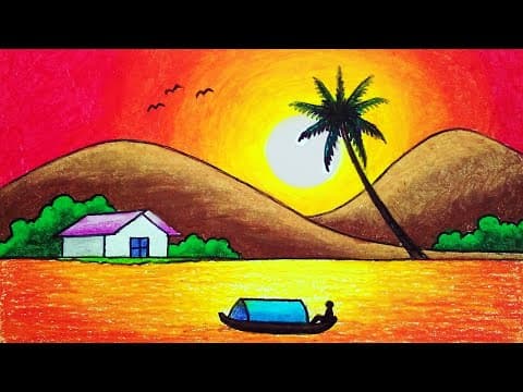 How to Draw Beautiful Sunset in the Island Scenery | Oil Pastels Scenery Drawing