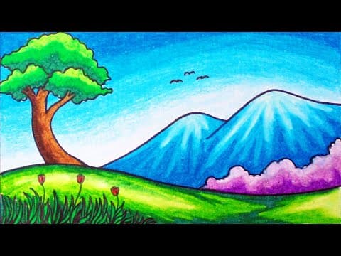 Easy Mountain Hills Scenery Drawing | How to Draw Simple Nature Scenery for Beginners