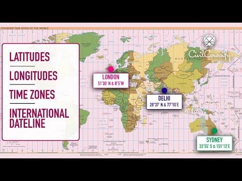 Latitudes longitudes time zones and international dateline.