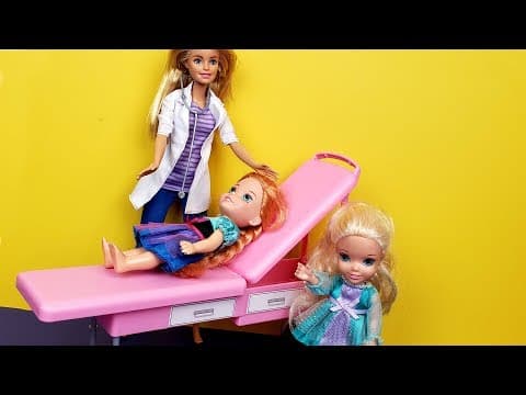 At the Doctor ! Elsa and Anna toddlers-One is sick-Barbie helps