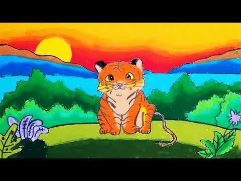 Drawing Tiger Scenery in Zoo Step By Step | How To Draw Easy Scenery With Oil Pastels