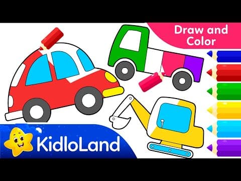Vehicle Coloring Video for Kids- Draw and Color Car Excavator & Truck