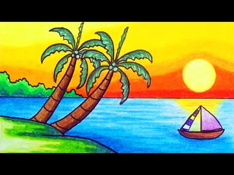 How to Draw Beautiful Scenery of Sunset with Oil Pastels | Easy Sunset Scenery Drawing