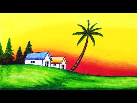 How To Draw Beautiful and Easy Village Scenery For Beginners With Oil Pastel