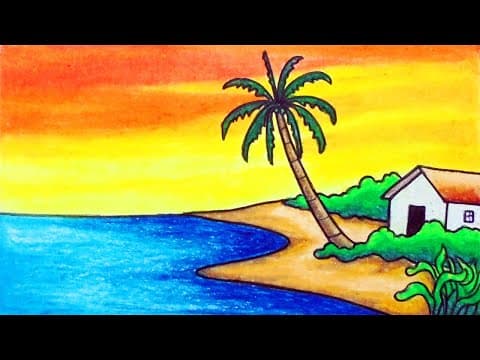Easy Sunset Scenery Drawing | How to Draw Simple Scenery of Sunset in the Beach with Oil Pastels