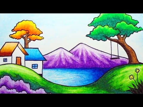 How to Draw Village Scenery Step by Step | Easy Scenery Drawing of a Lakeside Village for beginners