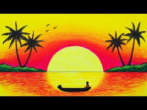 Drawing Sunset Scenery In Sea | How To Draw Easy Scenery With Oil Pastel
