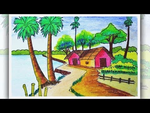 How to draw Village Palm Tree scenery, easy Village Scenery drawing with oil pastel