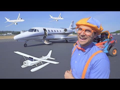 Blippi flies in a private jet airplanes for kids with the airplane song