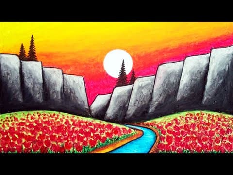 How to Draw Beautiful Sunset Scenery in Flower Field | How To Draw Easy Scenery For Beginners