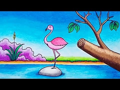 How to Draw Easy Scenery of a Flamingo in the River | Simple Flamingo Scenery Drawing for Beginners