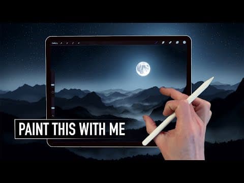 Ipad painting tutorial - moonlight mountain landscape art in procreate