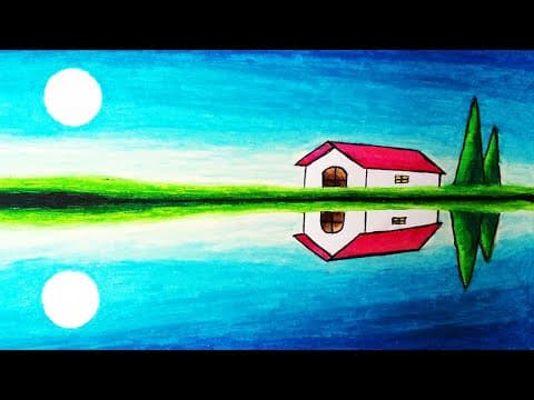 How to Draw Easy Scenery of a House in the Reflection | Simple Riverside House Scenery Drawing