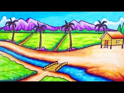 Easy Nature Scenery Drawing | How to Draw Simple Scenery of Rice Fields in the Village