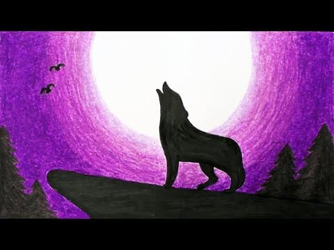 Easy Wolf Moonlight Scenery Drawing | How to Draw Simple Scenery of a Wolf Howling in the Moonlight