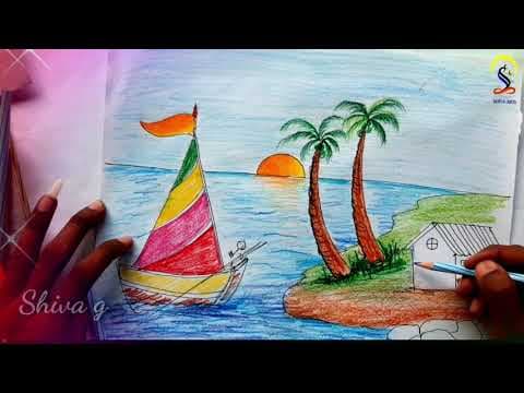 how to draw a scenery with colour pencil step by step simple drawing in telugu.#drawingclass14