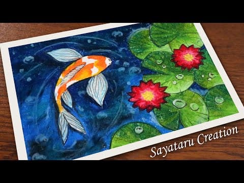 How to draw a Fish Swimming in Water - Water Lily Drawing with oil pastels