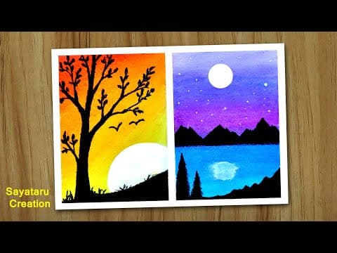 Sunset and moonlight painting, Easy scenery drawing for beginners with oil pastel