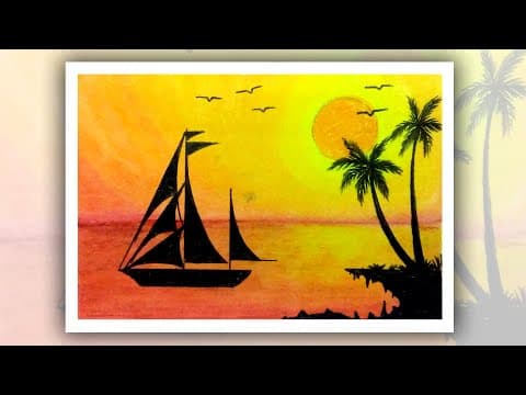 How to draw Ship in the sea, Sunset scenery drawing for Beginners