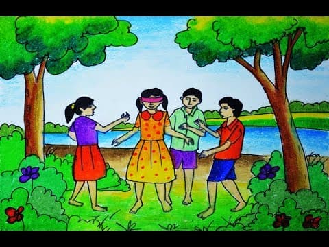 How to draw scenery of Blind man's bluff, Children playing drawing, Kanamachi khela