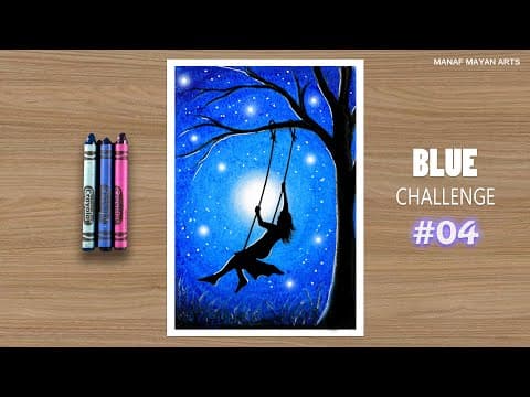 Blue Challenge #04 Moonlight Girl Swinging / Easy Drawing for Beginners / with Crayons / #294