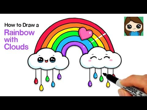 How to draw a rainbow and clouds with raindrops easy