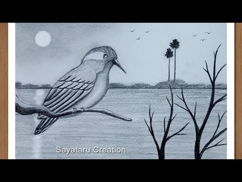 How to draw Kingfisher Bird Scenery with pencil, Easy Pencil Sketch Drawing