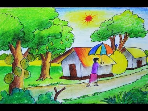 summer season scenery drawing, how to draw village summer season scenery