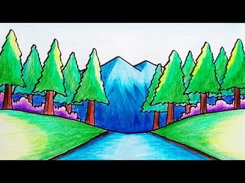 How to Draw Pine Forest with Color Pencils for Beginners | Easy Mountain and Forest Scenery Drawing