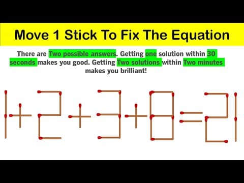 Move 1 stick to fix the equation - matchstick puzzle - 1+2+3+8 - 21