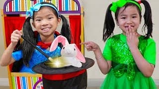 Jannie & Emma Pretend Play as Magician & Singer at Theater Kids Show