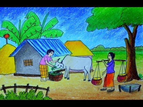 How to draw scenery of Feeding the Cow, Village Farmer's house drawing