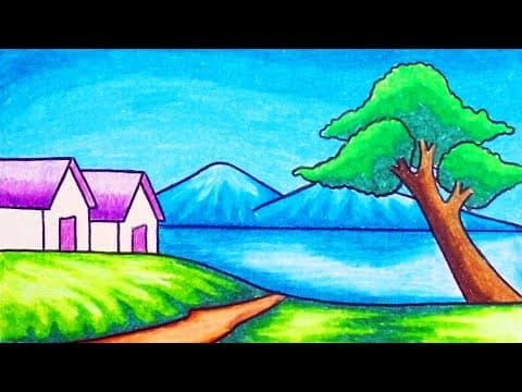 Very Simple Nature Scenery Drawing | How to Draw Easy Scenery of Lakeside House