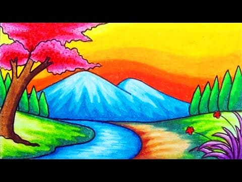 How to Draw Easy Scenery | Drawing Beautiful River Scenery with Sunset Step by Step with Oil Pastels