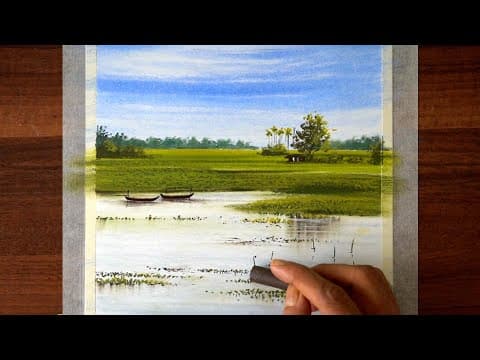 How to draw a riverside tranquil landscape only using oil pastels