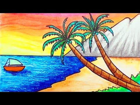 How To Draw Easy Tropical Sea Beach Scenery For Kids With Oil Pastel