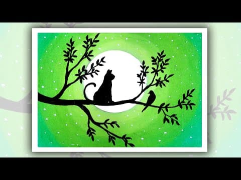 Moonlight Cat Drawing, Easy Oil Pastel Drawing for Beginners, moonlight Drawing