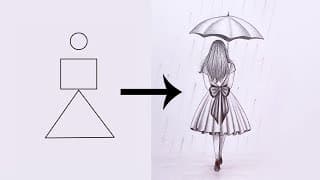 Easy Pencil sketch step by step How to draw a girl walking in the rain with an umbrella