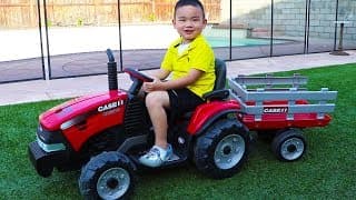 Lyndon Pretend Play with his Red Tractor Ride on Toy & Helps Uncle Tow Spiderman Car