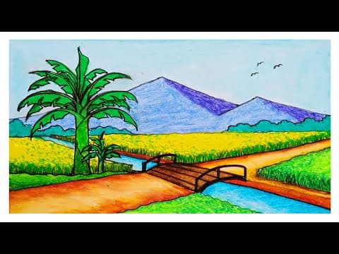 How To Draw Easy a Rice Field Scenery at The Foot of a Mountain In The Morning With Oil Pastel