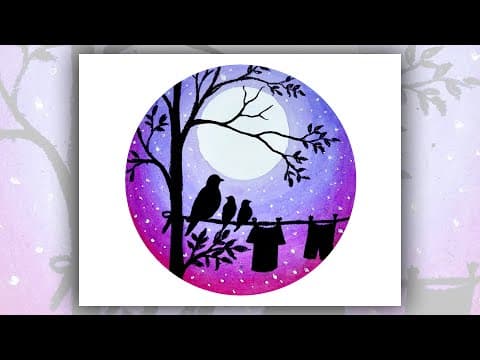 Purple Moonlight night sky painting, Easy scenery drawing for beginners with oil pastels