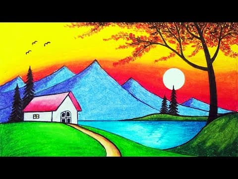 How to Draw Beautiful Sunset and Mountain Lake Scenery Drawing for Beginners