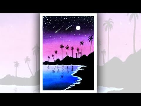 easy moonlight scenery painting with oil pastels, Sea beach scenery drawing