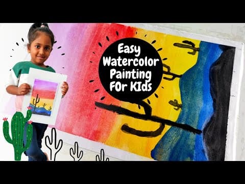 Easy watercolor painting for kids - cactus sunset watercolor painting