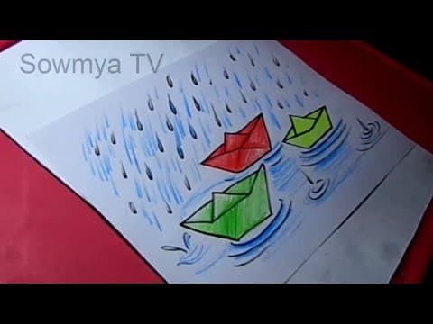 How to Draw Rainy season Drawing / Paper boat in rainy season Drawing
