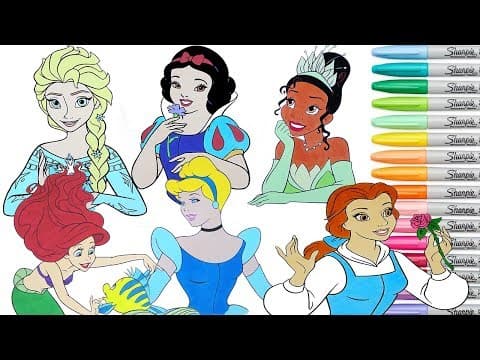 Disney princess coloring book pages compilation elsa ariel cinderella tiana belle snow white