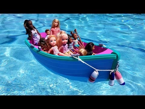 BOAT ! Elsa & Anna toddlers at Camp-Barbie-treasure box-water fun
