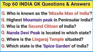 Top 60 Important INDIA GK Questions and Answers | GK Questions