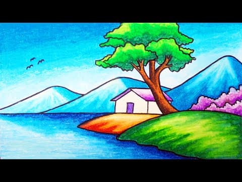 Easy Nature Scenery Drawing for Beginners | How to Draw Simple Scenery of a House in the Beach